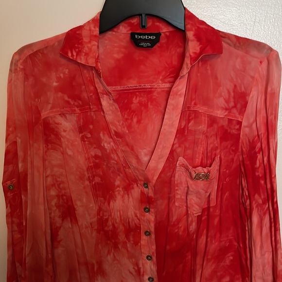 BEBE Pink and Red Button Down Shirt Size Medium - Picture 5 of 5